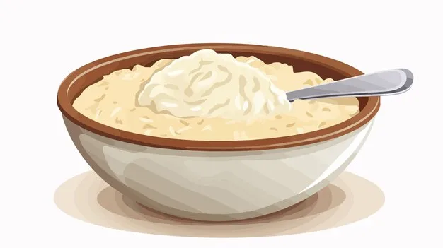 An illustration of a bowl filled with creamy rice pudding, topped with a dollop of cream and accompanied by a spoon, set against a clean white background.